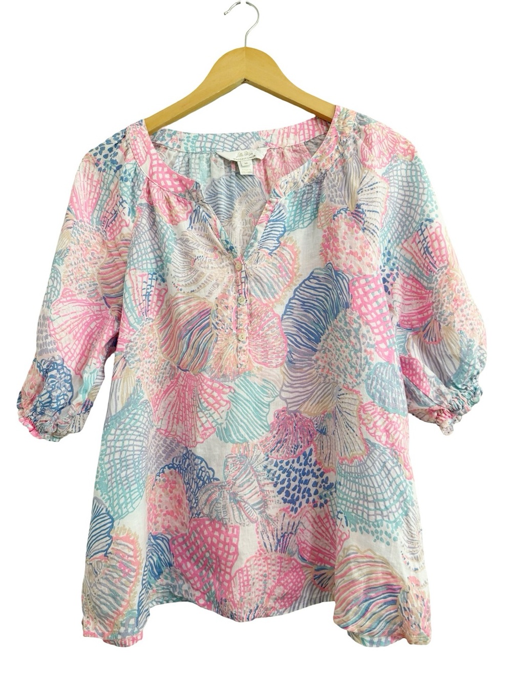 Lilly Pulitzer Seacoast Linen Caprina Roar Of The Seas Puff Sleeve Top Medium - Picture 4 of 13